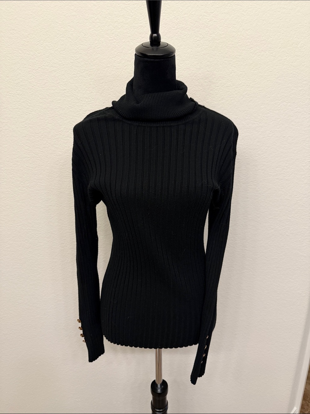 Women's Black Ribbed Turtleneck Sweater with Button Cuff